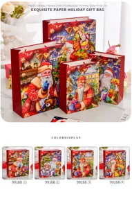 Dettagli di quattro design di sacchetti regalo di Natale con motivi festivi di Babbo Natale