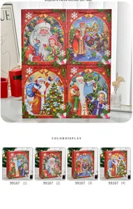 Detailed view of four colorful Santa Claus themed Christmas paper gift bags set