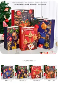 Festive large Christmas paper gift bags with vibrant holiday patterns and rope handles