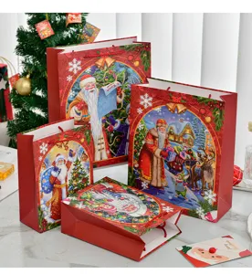 Festive Santa Claus paper gift bags set in various sizes with sturdy red rope handles.