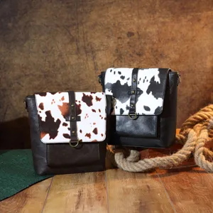 Western Cow Print Retro Crossbody Bag For Women Bohemian Aztec PU Leather Shoulder Bag Wide Strap Metal Buckle Flap Bag