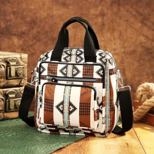 Vista detallada del bolso estilo azteca bohemio con motivos étnicos y cremalleras