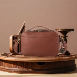 Retro brown leather crossbody camera bag with RFID protection and top handle