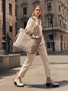 Elegante borsa tote imbottita beige con dettaglio fiocco portata da una modella