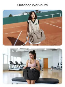 Borsa da palestra imbottita mostrata in un campo da tennis e in una sala fitness.