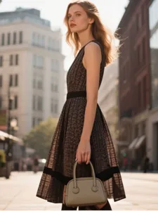 Modelo con un mini bolso Boston de cuero gris-verde de alta gama en una calle urbana.