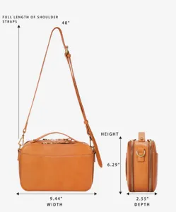 Vintage leather camera bag with dimensions showing width, height, depth and shoulder strap