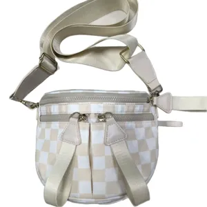 Mini bolso bandolera impermeable de tela Oxford para mujer con estampado de cuadros beige
