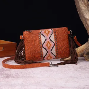 Bolso Bandolera Bohemio Retro Occidental con Borlas para Mujer Lino de Algodón Relieve Mosaico Remache Cartera Etnica