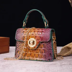 Close-up of retro crocodile pattern handbag with gold hardware and chain strap