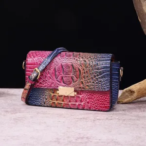 Bolso bandolera vintage de cuero con relieve de cocodrilo multicolor y cierre dorado