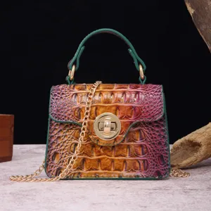 Retro crocodile embossed handbag with purple gradient finish and gold chain strap detail