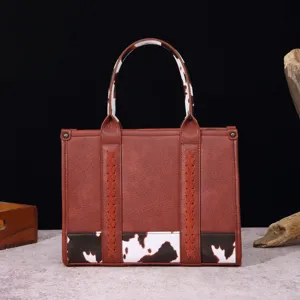 Bolso de mano vintage marrón con estampado de vaca y correas trenzadas para mujer