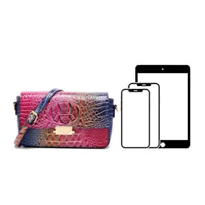 Bolso bandolera vintage con estampado de cocodrilo y siluetas de comparación.