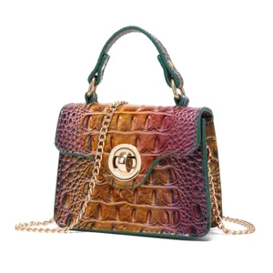 Detailed view of a vintage gradient crocodile pattern handbag with gold twist lock