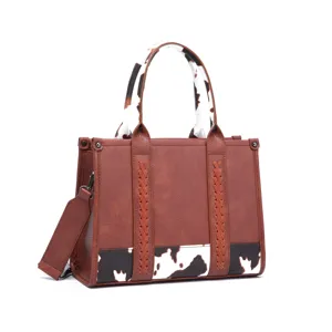 Bolso tote marrón retro estilo Western con estampado de vaca y detalles trenzados