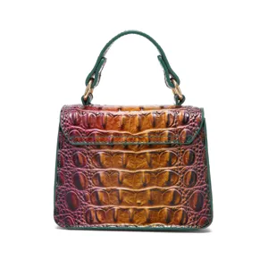 Vintage multi-color crocodile embossed leather handbag with top handle and gold hardware
