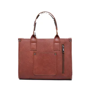 Bolso tote retro de ecocuero marrón con asas con estampado animal y bolsillo frontal