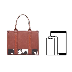 Bolso tote western de cuero marrón con estampado de vaca e iconos de capacidad