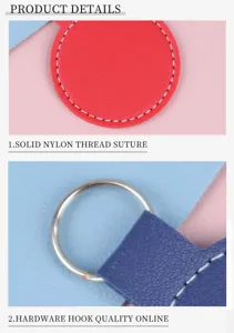 Vue détaillée montrant la couture en fil de nylon et l'anneau en métal du porte-clés en cuir
