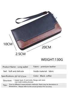 Detailed specifications for men's long patchwork leather wallet showing 20cm length and features