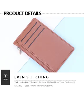 Detail showing the meticulous uniform stitching on a slim brown faux-leather card holder