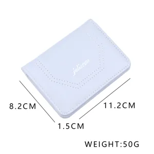 Vista detallada de la billetera vertical delgada con dimensiones 11,2x8,2x1,5cm y 50g peso