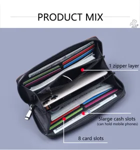 Detailed view of men's large capacity zipper wallet showing multi-slot interior structure