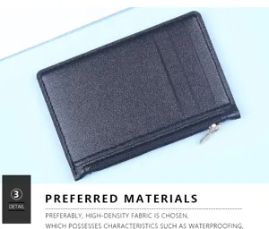 Detailed view of a slim black card holder showing its waterproof high-density fabric