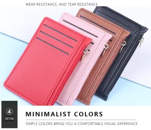 Detail view of ultra-thin leather zipper cardholders in multiple minimalist colors