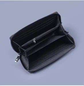 Detailed interior view of a men's long zipper wallet showing multiple card slots and pockets.