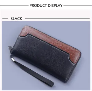 Close-up of a men's long clutch bag with black and brown color-blocking