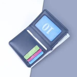 Cartera delgada vertical de cuero azul con ranuras para tarjetas y ventana ID