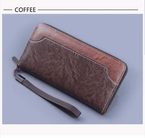 Macro view of men's coffee brown long wallet with vintage textured leather finish