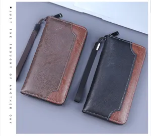 Premium men's retro textured long zip wallet and patchwork leather clutch bag with wrist strap