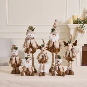 Nordic Christmas Plush Ornaments Brown Khaki Stretchable Snowman Elk Santa Claus Dolls For Home Desktop Holiday Decoration