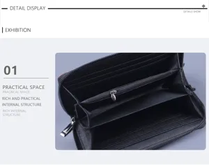 Detailed view of the internal structure of a men's black zippered long wallet