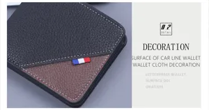 Primer plano de una cartera de hombre con retazos de cuero negro y marrón decorativo.