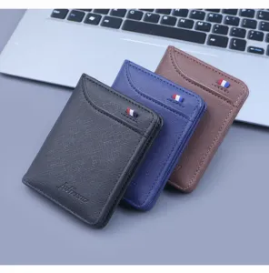 Set aus drei Herren-Kurzbrieftaschen aus Kreuzschraffurleder in Schwarz, Blau und Braun