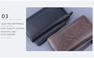 Detail macro shot of black and brown leather texture on men's long zipper wallets