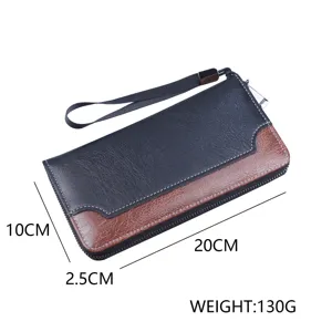 Close-up of men's patchwork long wallet showing 20cm x 10cm dimensions and weight.