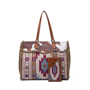 Detail view of bohemian tote bag and matching wallet with ethnic pattern and fringe