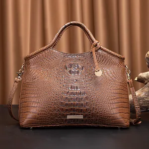 Bolso de mano marrón de piel con relieve de cocodrilo elegante, estilo vintage con asas