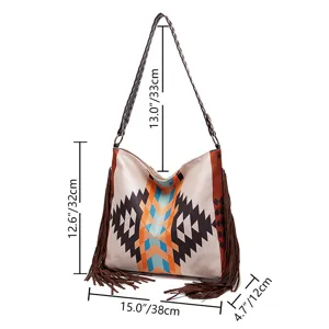 Bohemian fringe cotton linen shoulder bag size diagram with dimensions in inches and cm