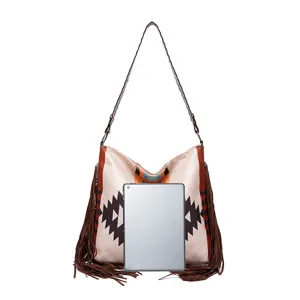 Large ethnic boho fringe cotton linen shoulder bag with tablet for visual size reference