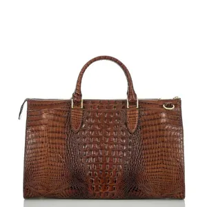 Bolso de mano estructurado en cuero marrón con relieve de cocodrilo y oro
