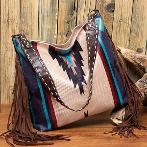 Vintage bohemian hand-woven cotton linen large shoulder bag with stylish brown side fringes.