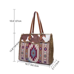 Size details for Bohemian canvas tote bag with cow print and tribal pattern