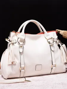 Bolso de mano vintage blanco grande con borlas y elegantes herrajes dorados