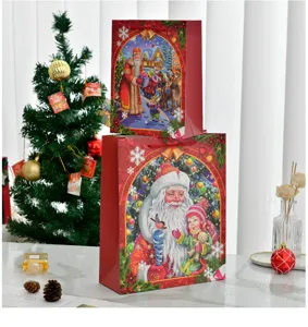 Detailed view of Santa Claus patterned Christmas gift bags in various sizes.